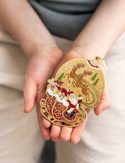 Fine Enamel Christmas Ornament | Santa with Sleigh