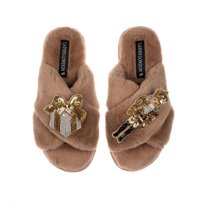 Double Brooch Slippers | Laines London | Nutcracker & Gift