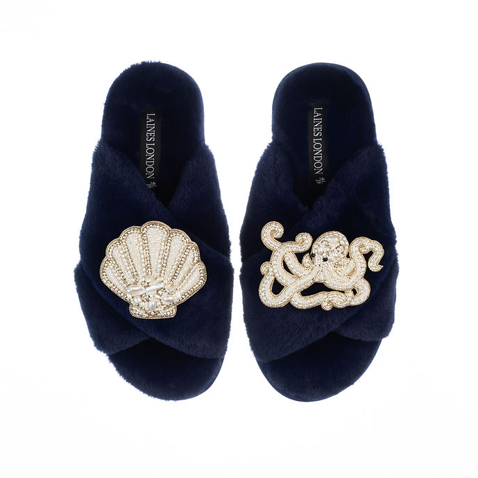 Double Brooch Slippers | Laines London | Pearl Octopus & Shell