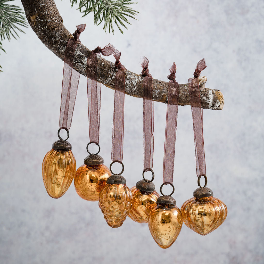 Set of 6 Glass Crackle Baubles | Honey | Small