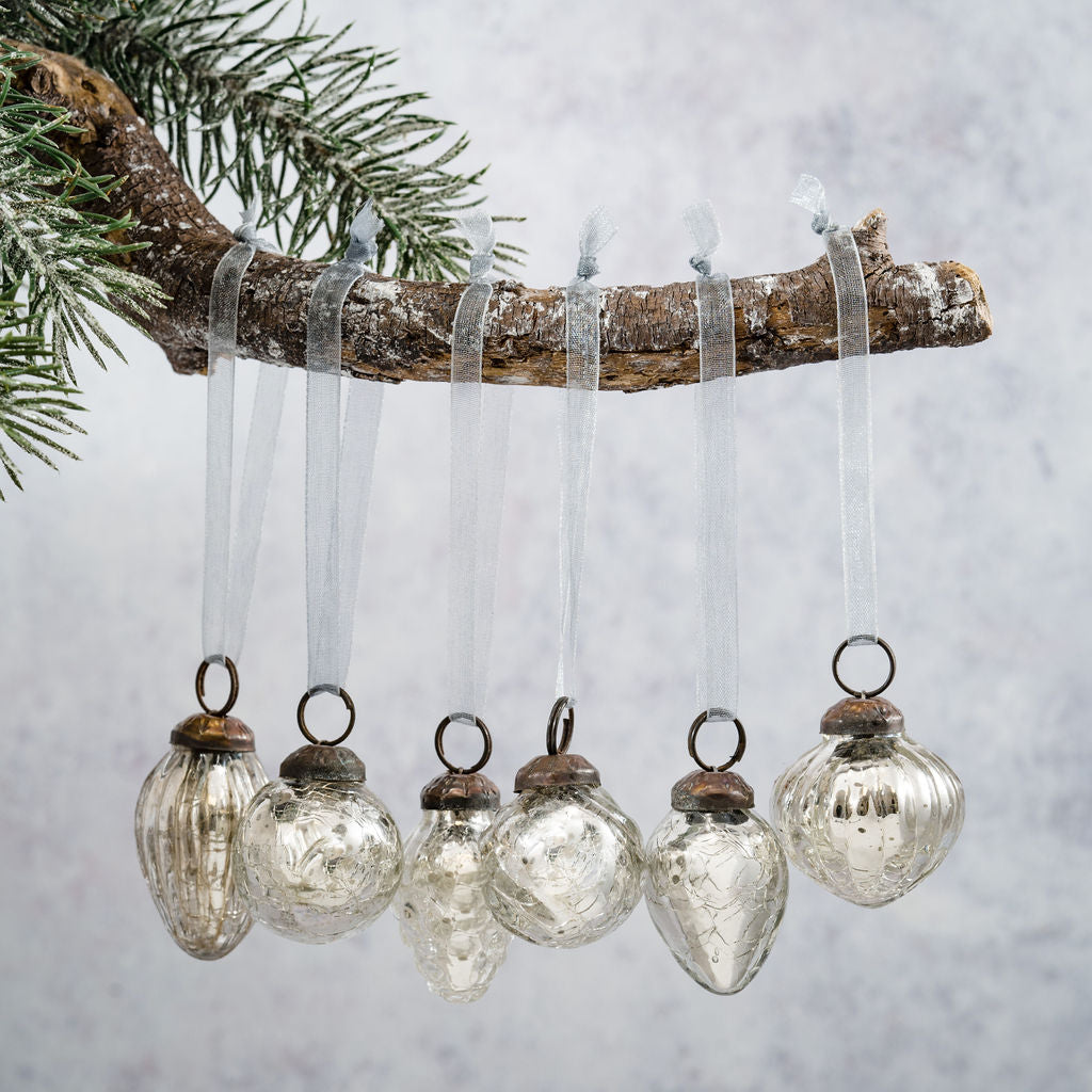 Set of 6 Glass Crackle Baubles | Silver | Small
