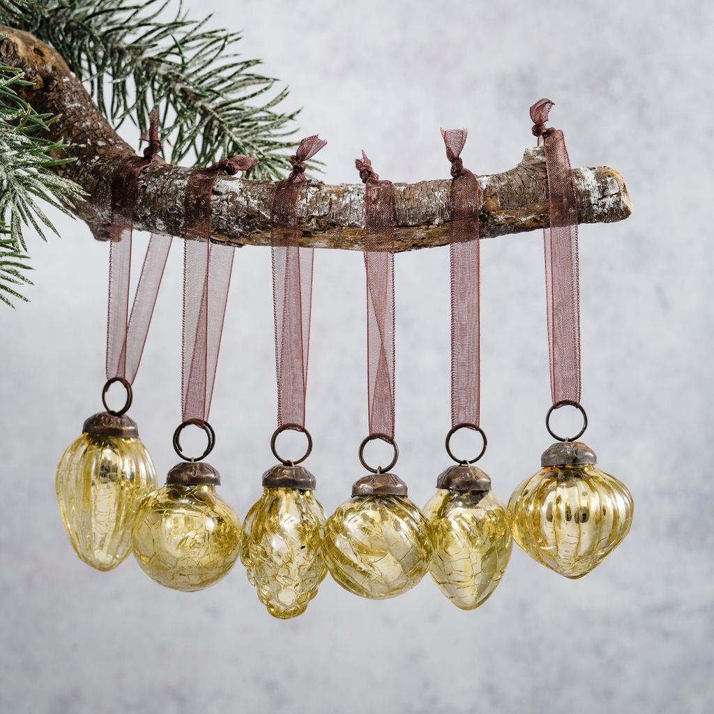Set of 6 Glass Crackle Baubles | Gold | Small