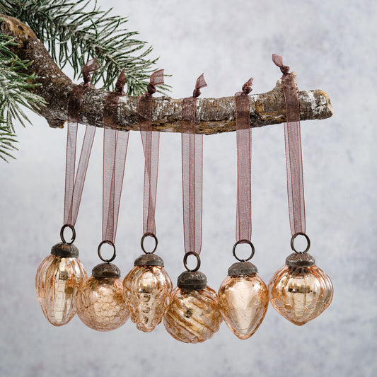 Set of 6 Glass Crackle Baubles | Rose | Small