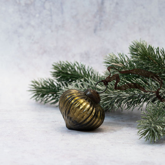 Glass Ribbed Lantern Bauble | Olive | Medium
