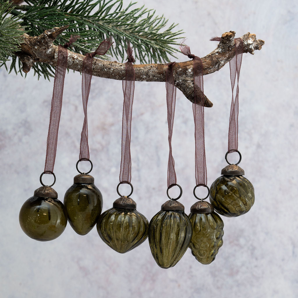 Set of 6 Glass Baubles | Olive | Small