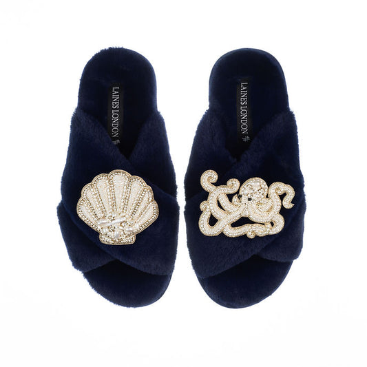 Double Brooch Slippers | Laines London | Pearl Octopus & Shell