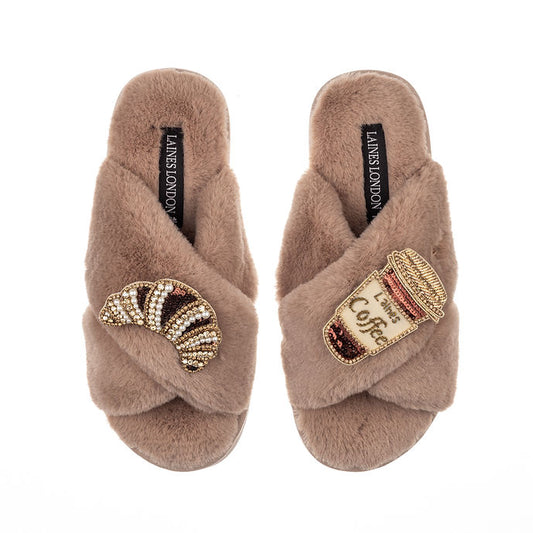Double Brooch Slippers | Laines London | Coffee & Croissant